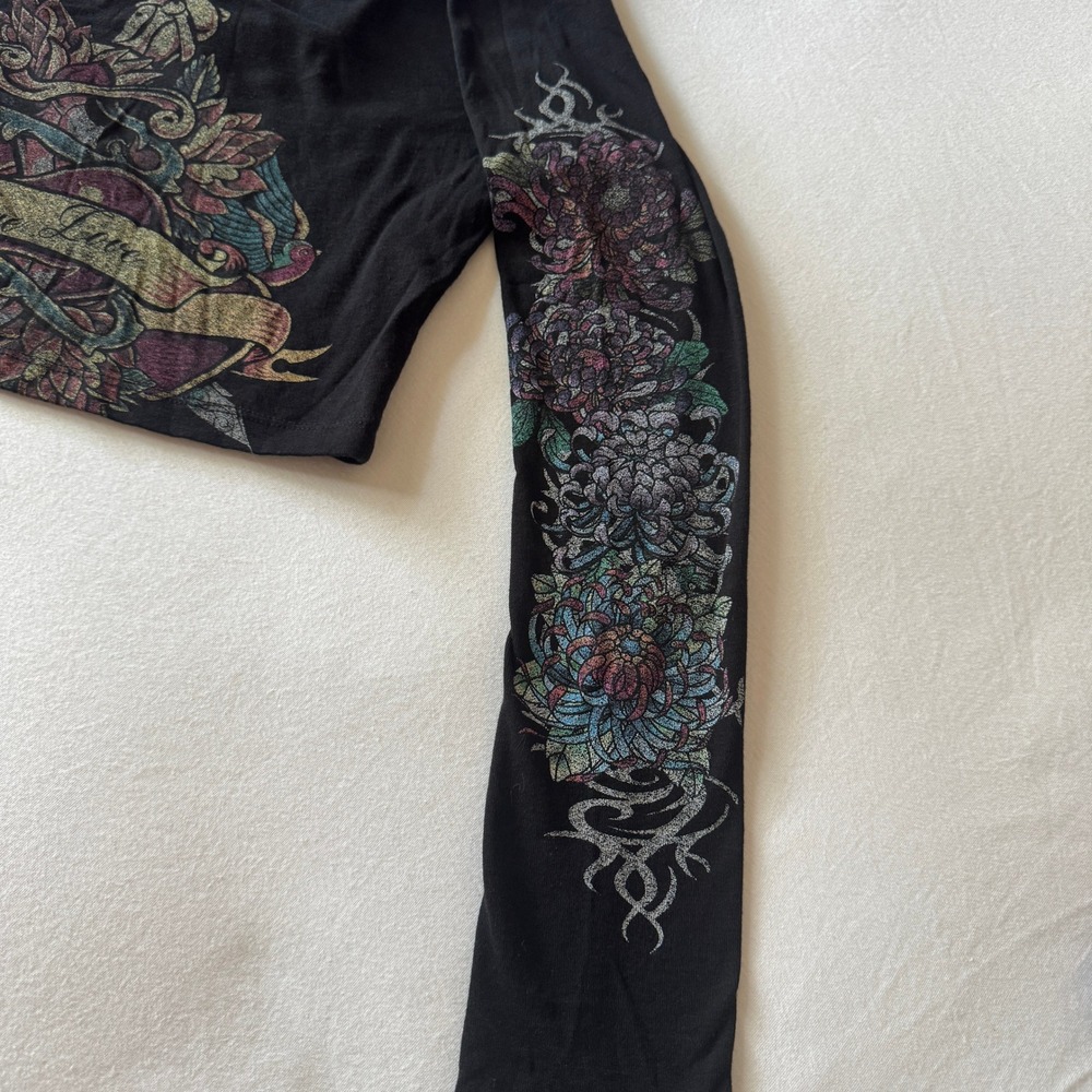 Urban Outfitters Tattoo Graphic Crop Top Size S Black V-Neck Y2K Rhinestone Goth - Picture 3 of 11